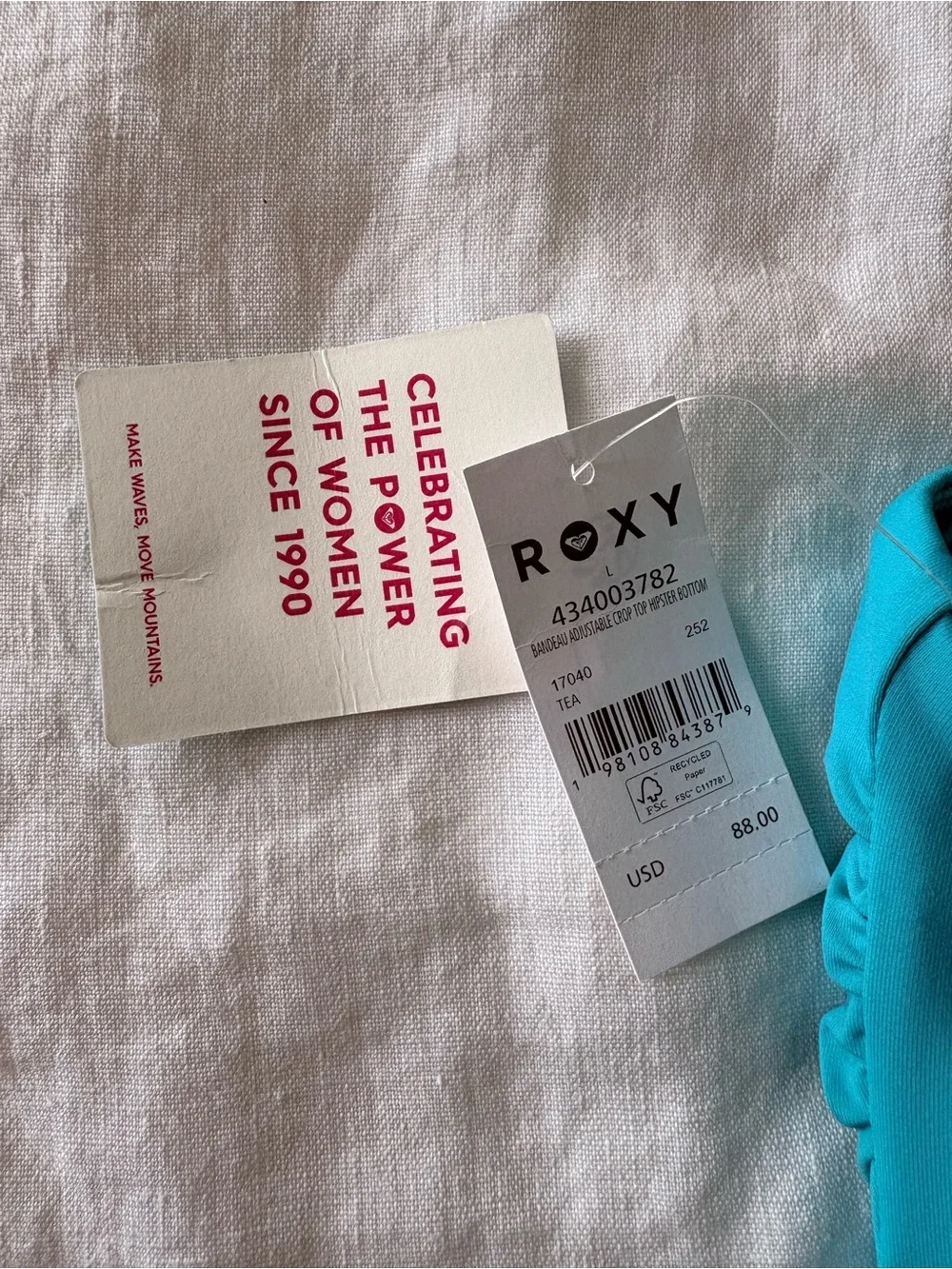 Roxy Bandeau Bikini Set NWT Large Turquoise Adjustable Swim Set Beach Resort